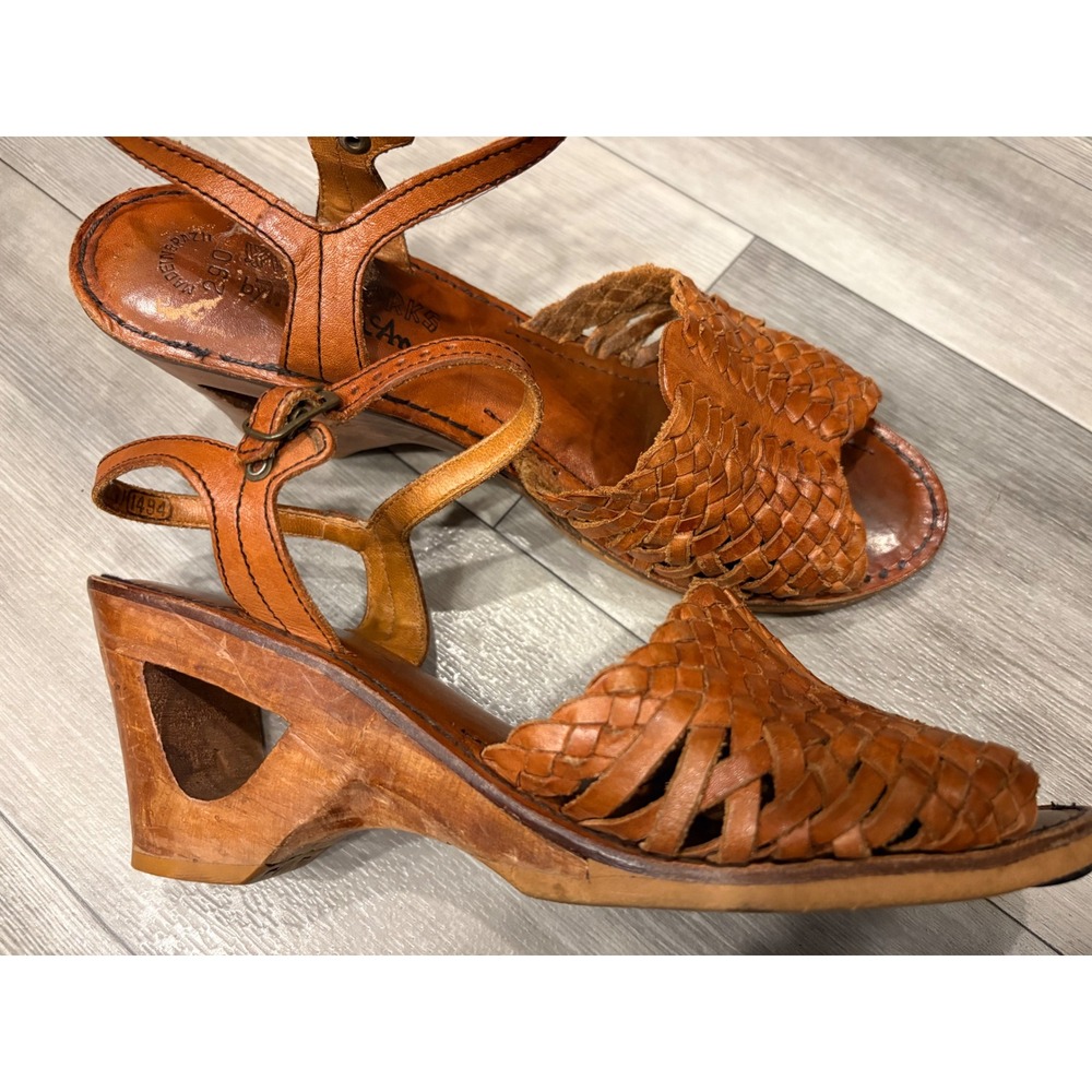 Vintage Woodworx Thom McAn Woven Leather Cutout Wood Wedge Sandals Brown 6 Boho